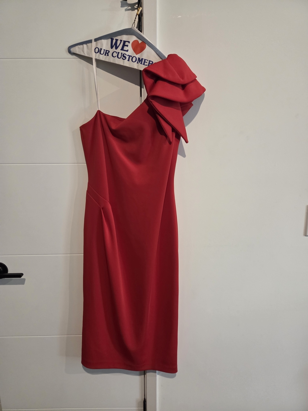 Betsy & Adam One-Shoulder Sculpted Ruffle Dress in Red